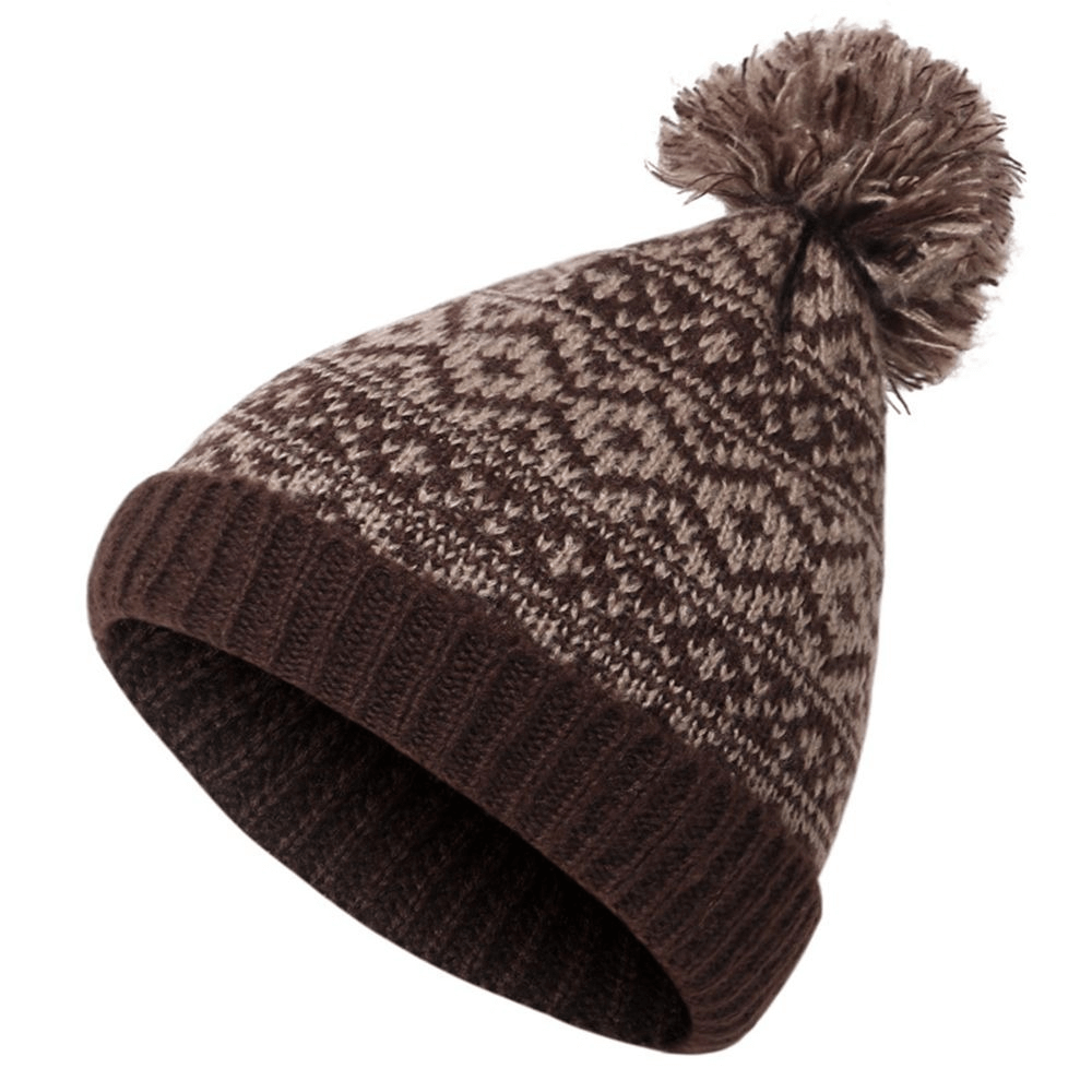 Warm knitted plaid pom wooly cap for winter, perfect ski beanie for men and women, unisex acrylic hat with stylish design - SF0179